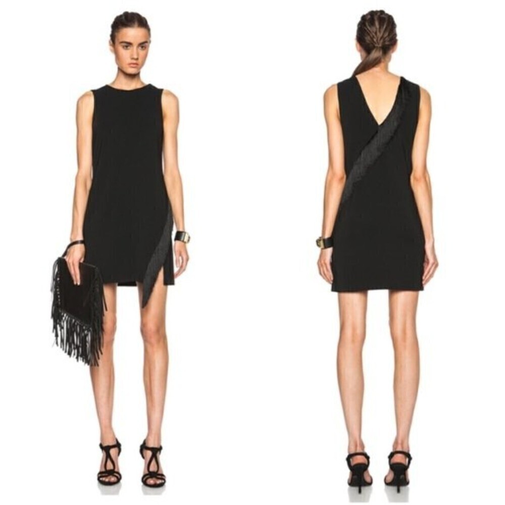 A.L.C. Black Lottman Fringe Shift Asymmetric Sleeveless Mini Cocktail Dress Sz 8